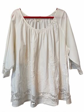 Solitaire Boho Embroidered Peasant Blouse Ivory Sz 3X Pullover Lacy